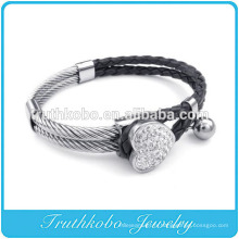 Bracelet En Cuir Pour Femmes En Cuir Cœur Rhinetone Manchette En Acier Inoxydable Bracelet En Cristal Trèfle Fourleaf